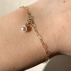 Gold Filled Dainty Paperclip Chain Mini Coin Pearl Bracelet